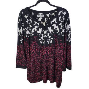 JM Collection Womens Sz XL White Red Geometric Long Sleeve Blouse